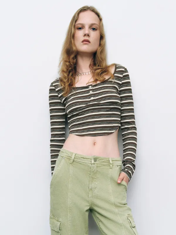 Striped U Neck Skinny T-Shirt sold by Urban Revivo