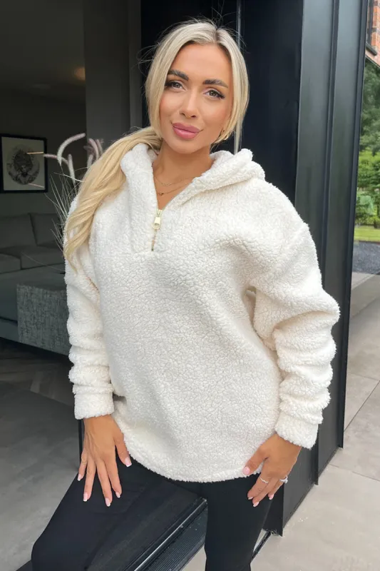 Cream 1/4 Zip Teddy Hoodie sold by AX Paris