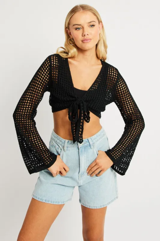 Black Crochet Tie Up Cardigan sold by Ally Fashion