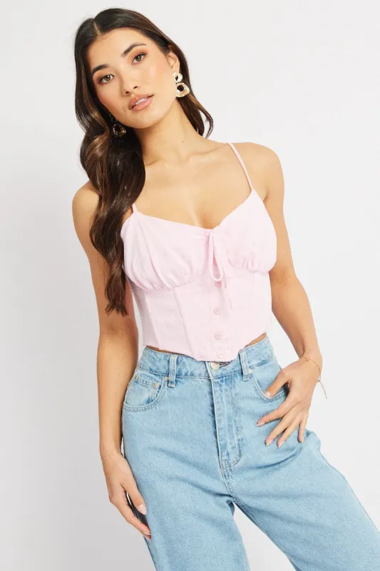 Pink Cami Top Sleeveless Corset Linen Blend sold by Ally Fashion
