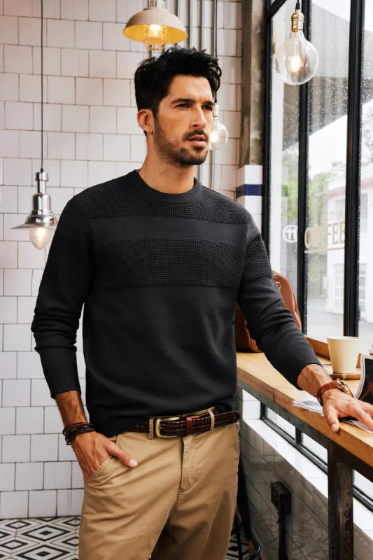 Men Textured Sweater Long Sleeve Crew Neck Ribbed Cuff Pullover Knitwear sold by Paul Jones