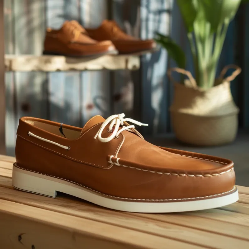 Tan Primo Boat Shoes with White Sole sold by Costoso Italiano