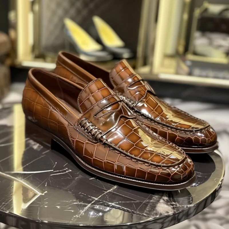 brown Croc Print Leather Celestino Loafers sold by Costoso Italiano
