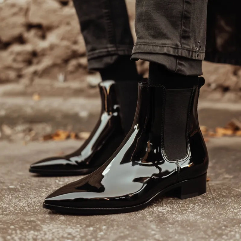 Black Patent Leather Adriano Slip On Pointed Chelsea Boots sold by Costoso Italiano