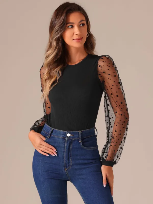 Long Mesh Sheer Polka Dots Sleeves Knit Bodysuit sold by Allegra K