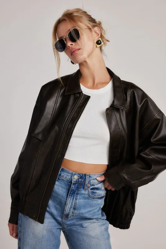 London Calling Brown Oversized Faux Leather Jacket sold by 12th Tribe