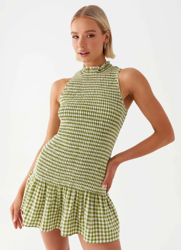 Cassie shirred Mini Dress - Khaki Gingham sold by Peppermayo