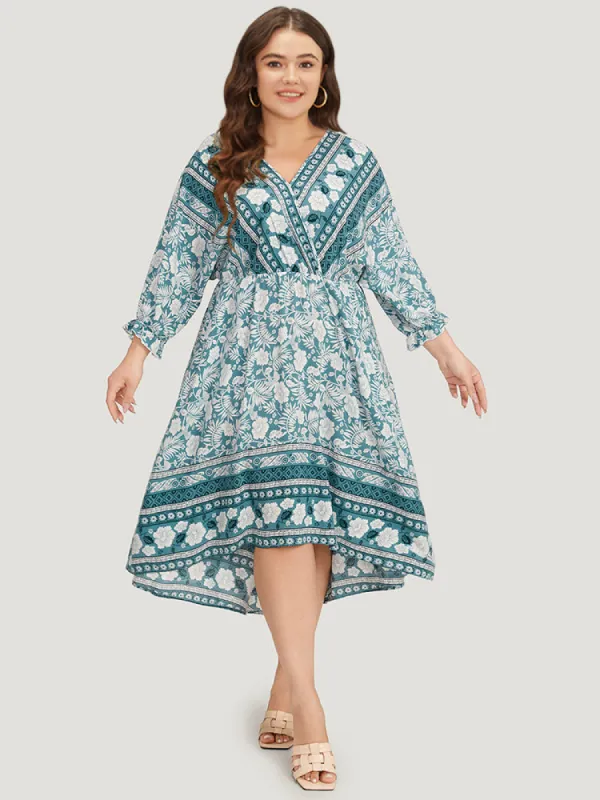 Floral Print Pocket Surplice Neck Ruffle Trim Dress sold by Bloomchic