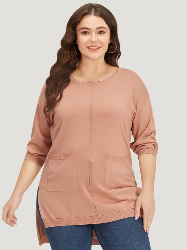 Solid Patched Pocket Split Side High Low Hem Pullover sold by Bloomchic