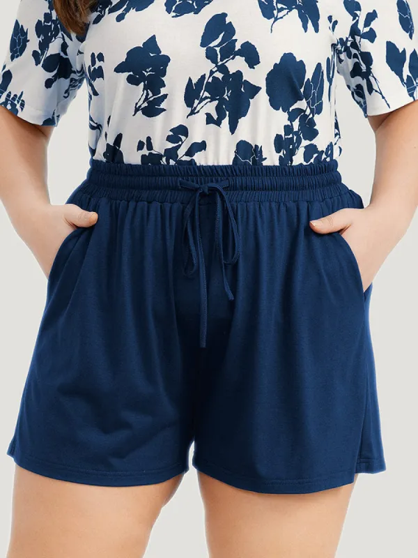Solid Elastic Waist Pocket Drawstring Sleep Shorts sold by Bloomchic