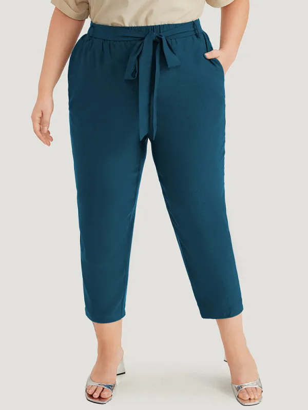 Anti-Wrinkle Plain Belted Pocket Elastic Waist Woven Pants sold by Bloomchic