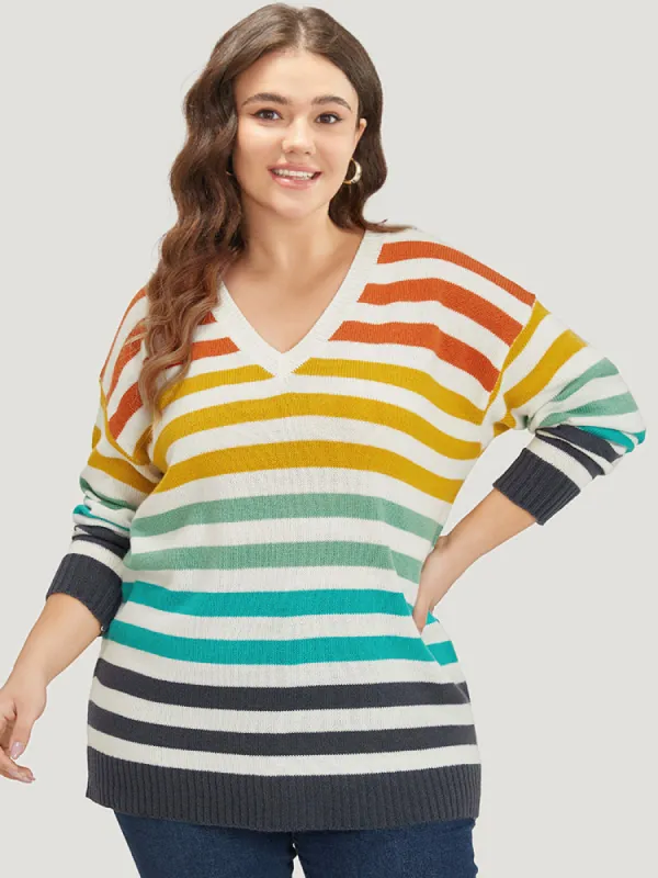 Rainbow Print V Neck Elastic Cuffs Pullover sold by Bloomchic