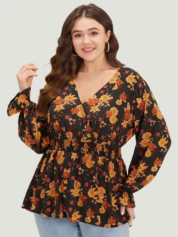 Floral Print Wrap Shirred Lantern Sleeve Blouse sold by Bloomchic