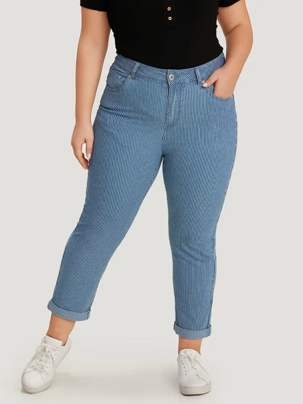 Striped Print Roll Hem Zipper Fly Jeans sold by Bloomchic