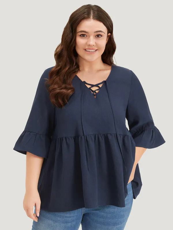 Plain Lace Up Flutter Gathered Bell Sleeve Blouse sold by Bloomchic
