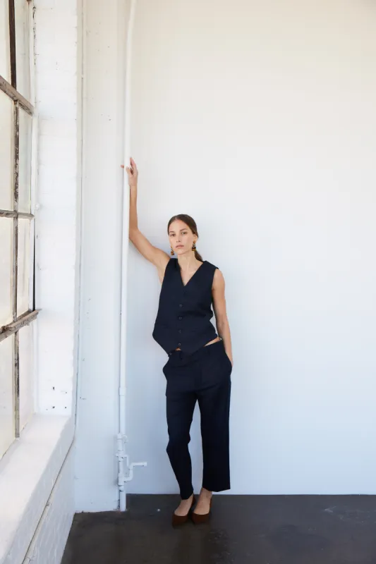 The Waist Tape Trouser in Dark Navy sold by Jamie Haller