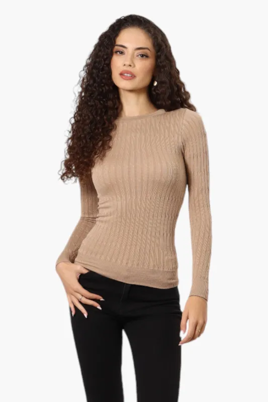 Magazine Solid Ribbed Crewneck Long Sleeve Top - Beige sold by Fairweather