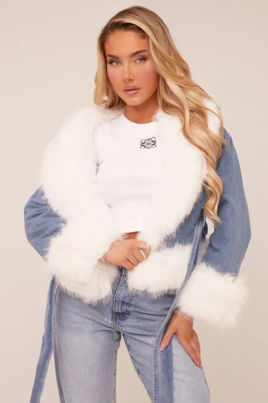 Mid Blue Denim Faux Fur Biker Jacket - Carin sold by Rebellious Fashion