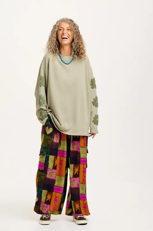 Rumi - Cargo Brushed Cotton Trousers in Courtney Patchwork Print sold by Lucy & Yak