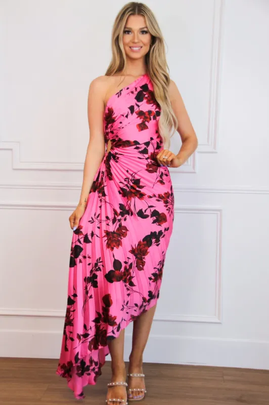 Novelle One Shoulder Pleated Floral Asymmetrical Maxi Dress: Rose Pink sold by Bella and Bloom