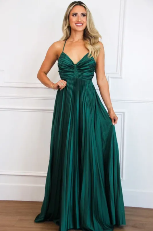 Pretty in Pleats Maxi Dress: Hunter Green sold by Bella and Bloom