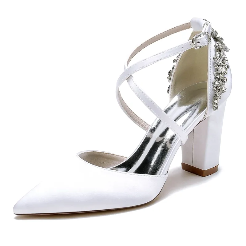 Women's Silk Satin Closed Toe With Ankle Strap Rhinestone Chunky Heel Evening Shoes sold by Lavetir