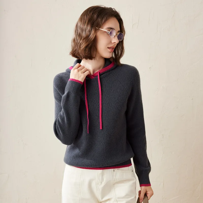 100% Cashmere Women's Knit Hoodie with Contrast Details sold by COMOBOCA