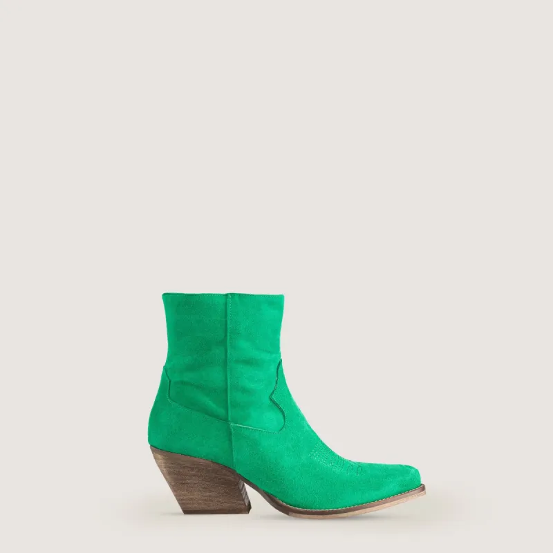 Janice Grass Texan ankle boots in suede sold by Kali Shoes