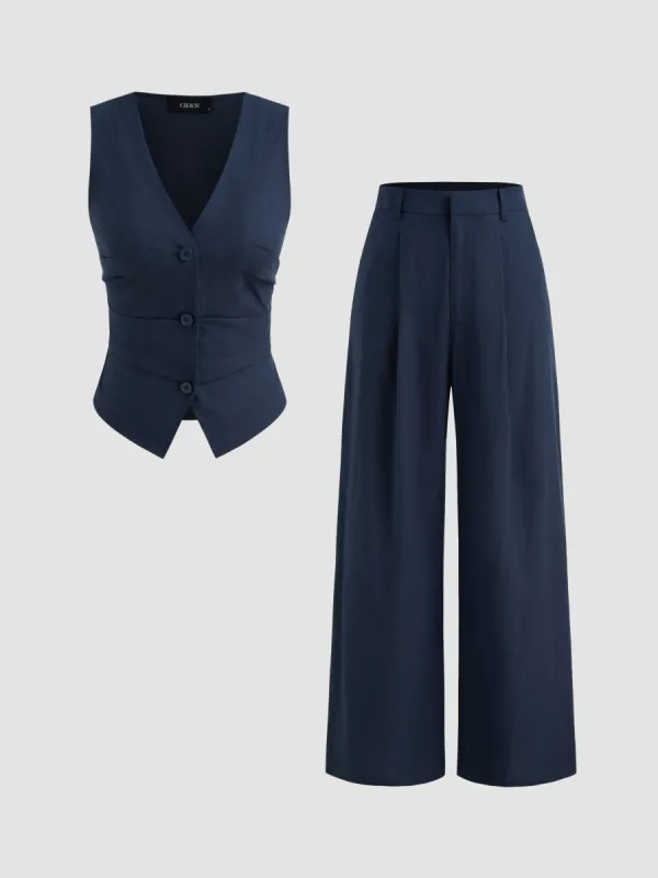 Cotton-blend V-neck Solid Button Vest & Mid Rise Pocket Wide