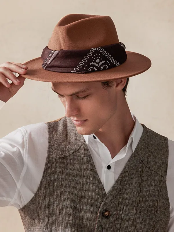 Flat Brim Fedora Hat with Kirchief sold by Coofandy