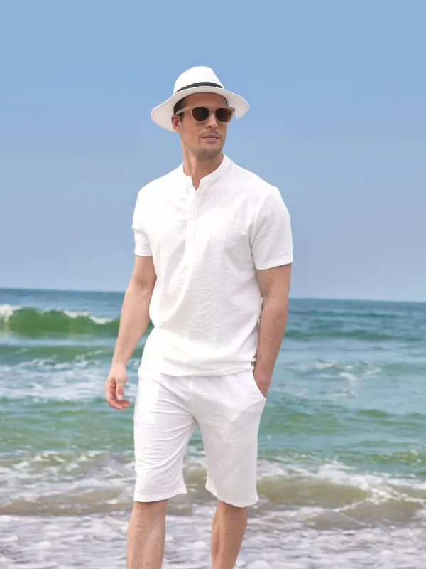 Casual 2 Pieces Cotton Linen Henley Shirt Set (US Only) sold by Coofandy