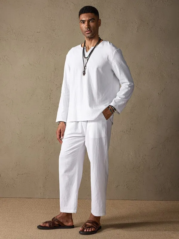 Cozy Solid Cotton and Linen Shirt Set sold by Coofandy