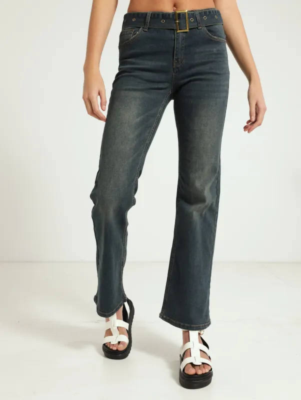 Eyelet Belt Pocket Flare Jean - Dark Wash Ink sold by Edgars 