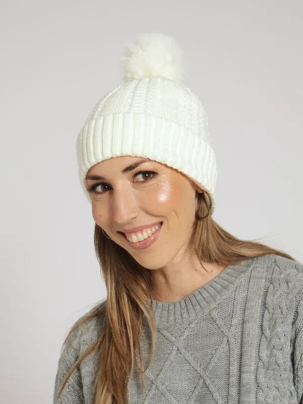 Knitted Turn Up Pompom Beanie - Cream sold by Edgars 