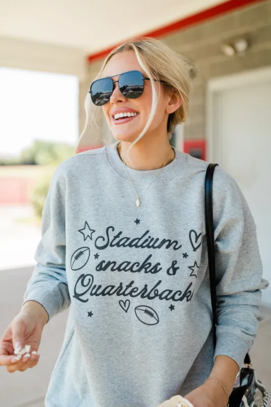 Stadium Snacks And Quarterbacks Light Grey Oversized Graphic Sweatshirt SALE sold by Pink Lily