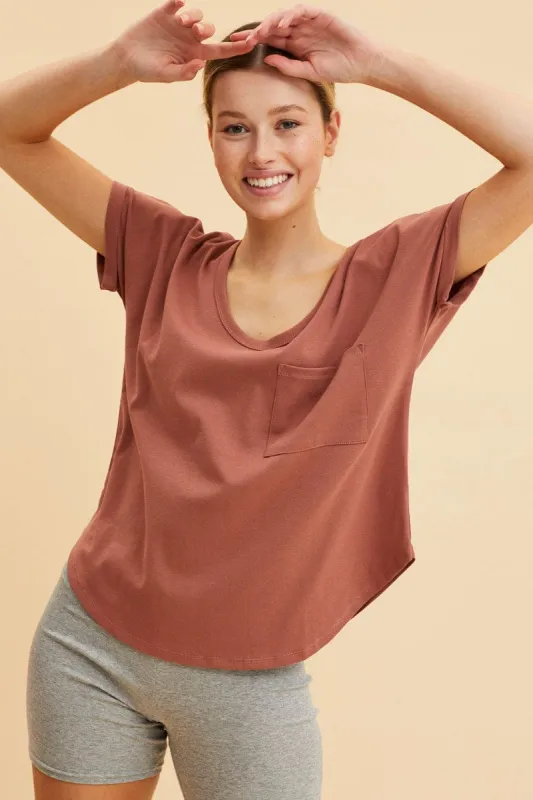 Brown Pocket Tee Scoop Neck Cotton Stretch Short Sleeve sold by Ally Fashion