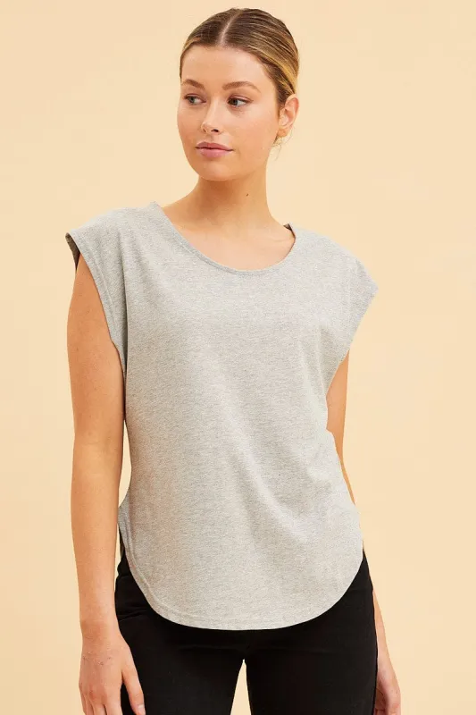 Grey Relaxed T-Shirt Drop Shoulder Curved Hem Crew Neck sold by Ally Fashion