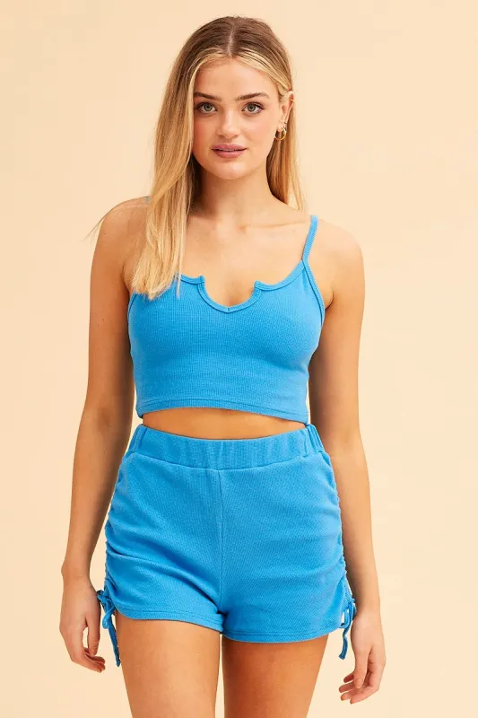 Blue Sutton Waffle Ruched Shorts sold by Ally Fashion