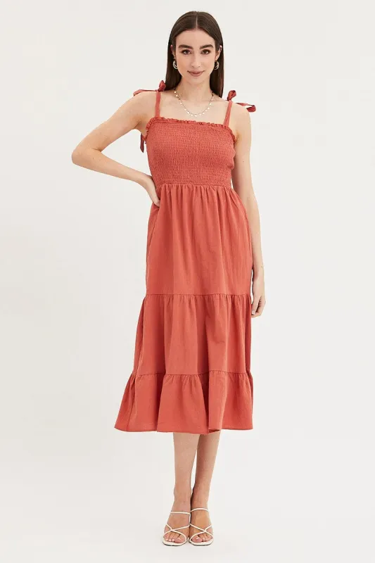Brown Maxi Dress Sleeveless Tie Shoulder Square Neck sold by Ally Fashion