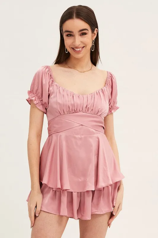Pink Playsuit V Neck Satin sold by Ally Fashion