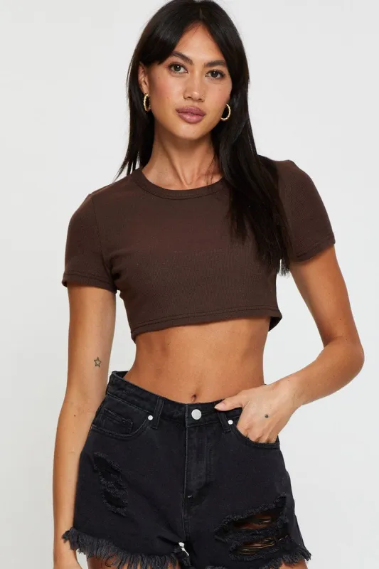 Brown Rib Crop Top Short Sleeve sold by Ally Fashion