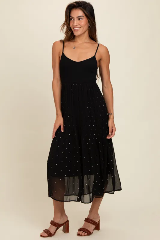 Black Polka Dot Pleated Mesh Overlay Maxi Dress sold by Pinkblush