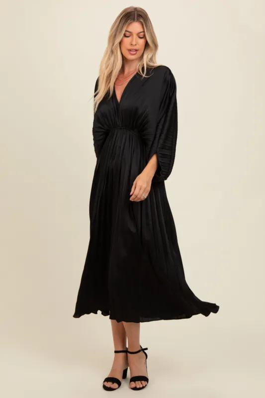 Black Satin Pleated V-Neck Maxi Dress sold by Pinkblush