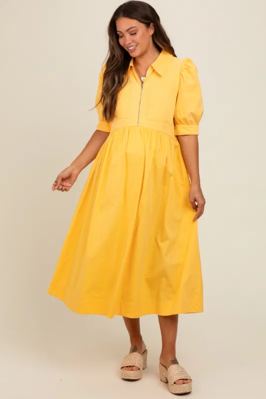 Yellow Half Zip Maternity Midi Dress sold by Pinkblush