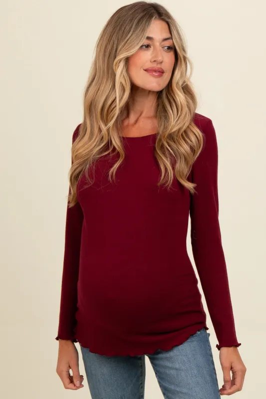 Burgundy Ribbed Knit Long Sleeve Lettuce Hem Maternity Top sold by Pinkblush
