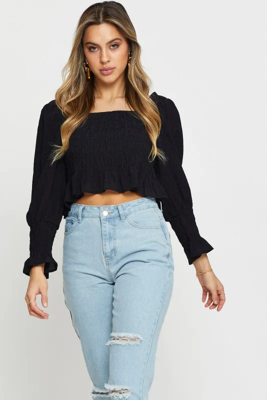 Black Peasant Blouse Long Sleeve Crop sold by Ally Fashion