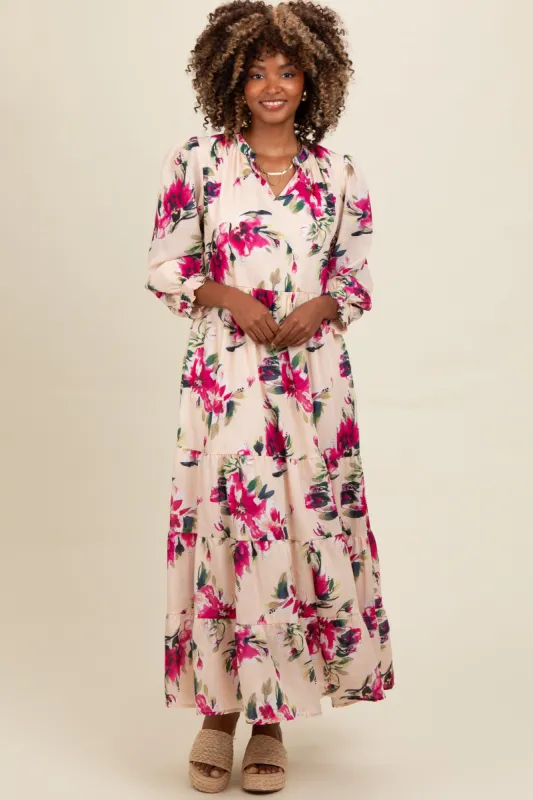 Peach Floral V-Neck Tiered Midi Dress sold by Pinkblush