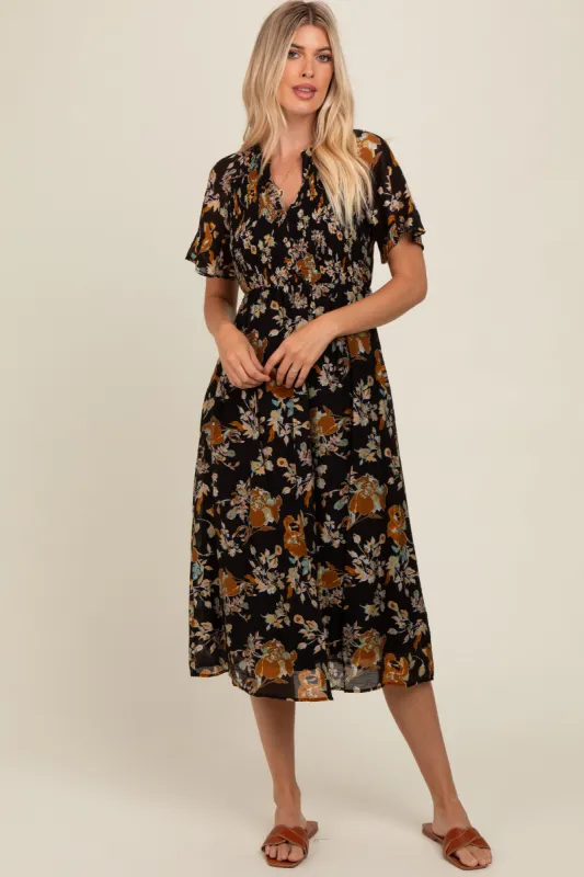 Black Smocked Floral Midi Dress sold by Pinkblush