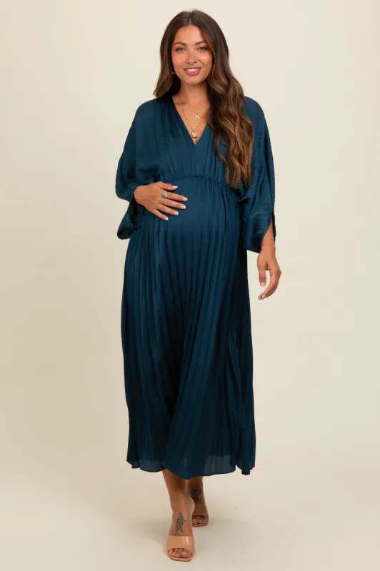 Teal Satin Pleated V-Neck Maternity Maxi Dress sold by Pinkblush