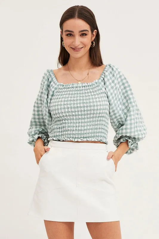 Check Shirred Top Three-Quarter Crop sold by Ally Fashion